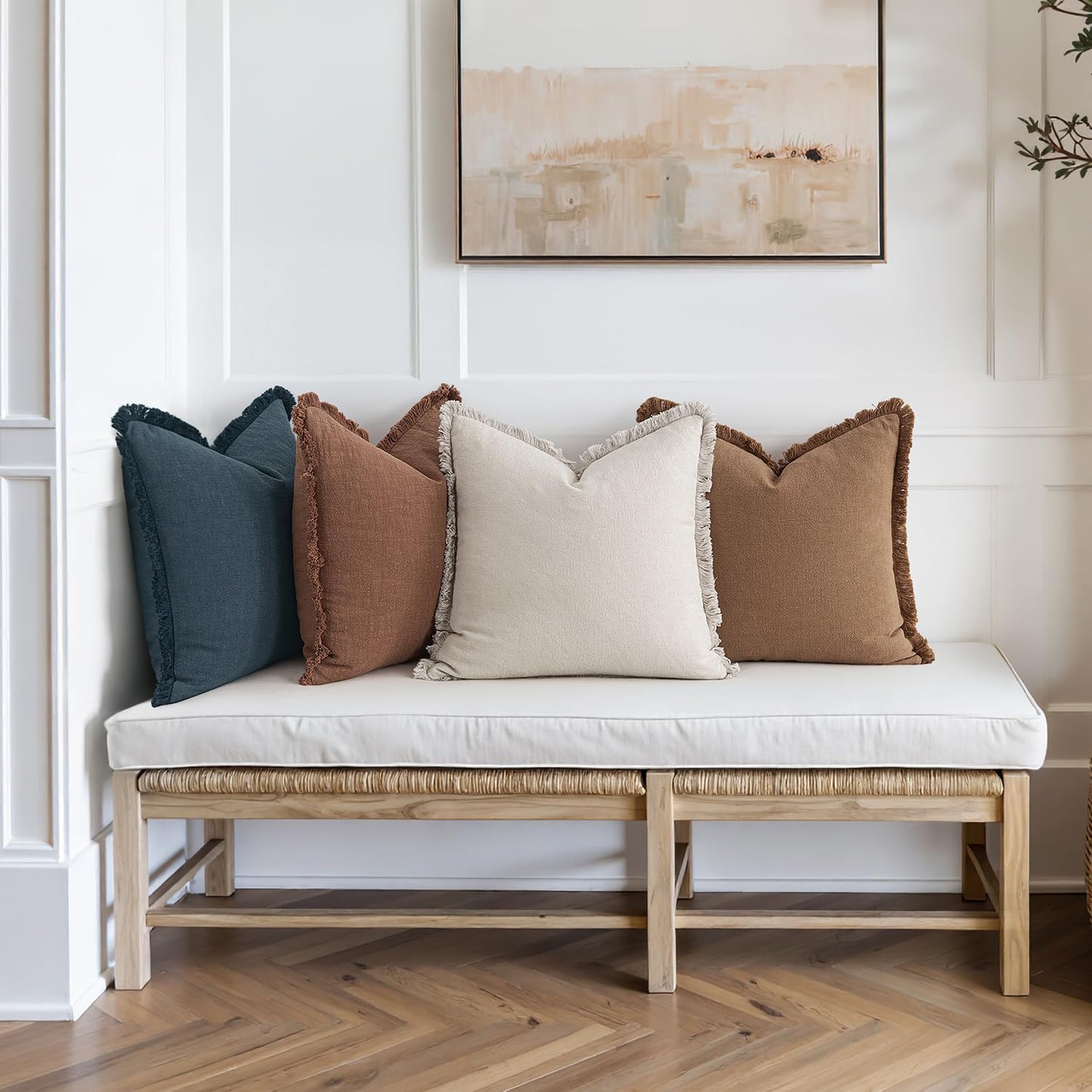 Set of 4 Neutral Linen Fringe Decorative Couch Pillow Covers - Modern Rustic Boho Farmhouse Cushions for Living Room and Bedroom Decor, 18x18 Inches, Beige/Brown/Blue