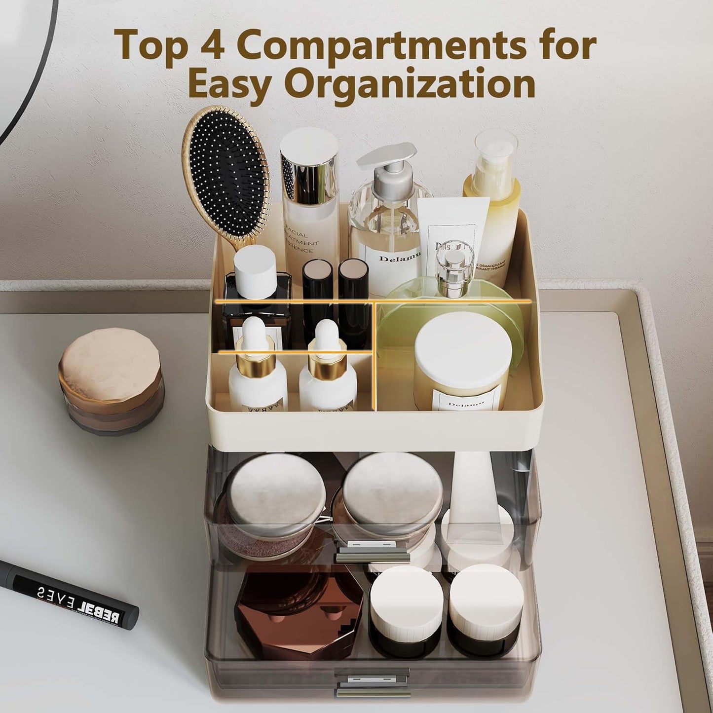 Makeup Organizer Countertop, 3-Tier Large Capacity Bathroom Counter Organizer with 2 Clear Drawers for Easy Access, Ideal for Makeup, Skincare, Lipsticks, Office Supplies, Present, Etc, Beige