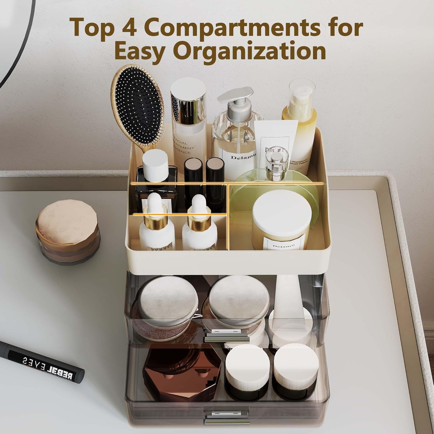 Makeup Organizer Countertop, 3-Tier Large Capacity Bathroom Counter Organizer with 2 Clear Drawers for Easy Access, Ideal for Makeup, Skincare, Lipsticks, Office Supplies, Present, Etc, Beige