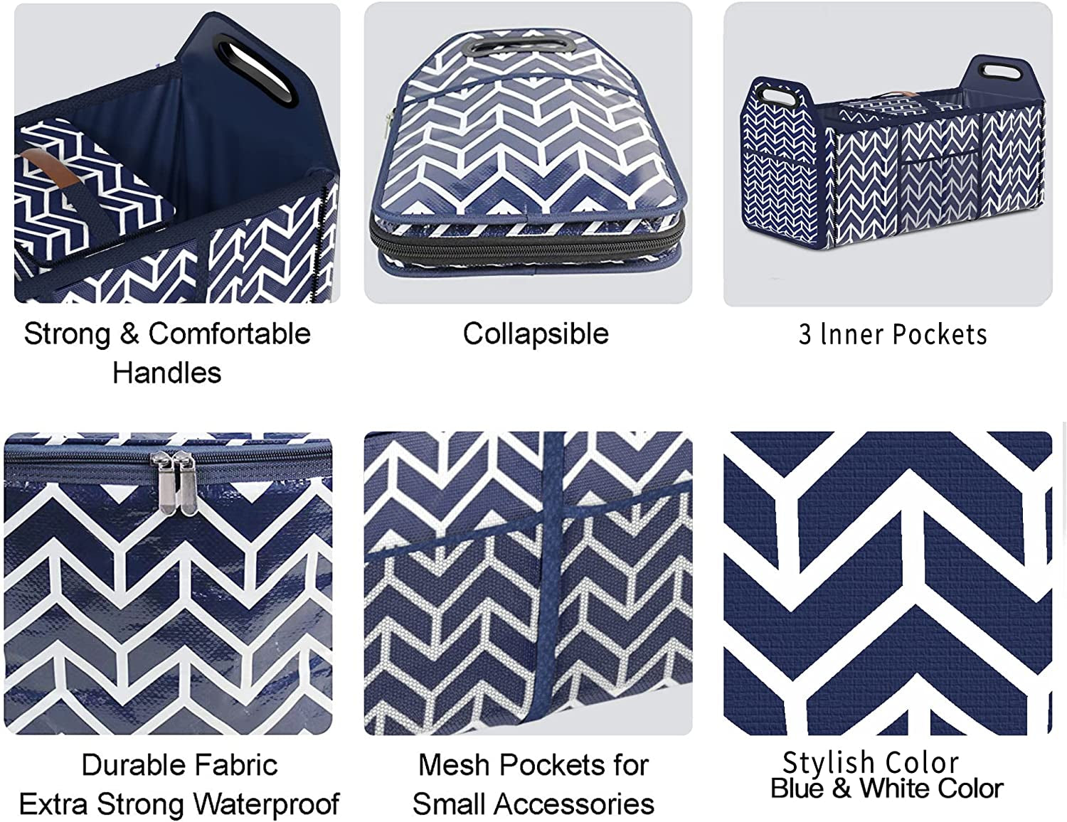 Foldable Car Trunk Organizer and Insulation Cooler Bag with Collapsible Design and Three Compartments for SUV Storage, Navy Blue