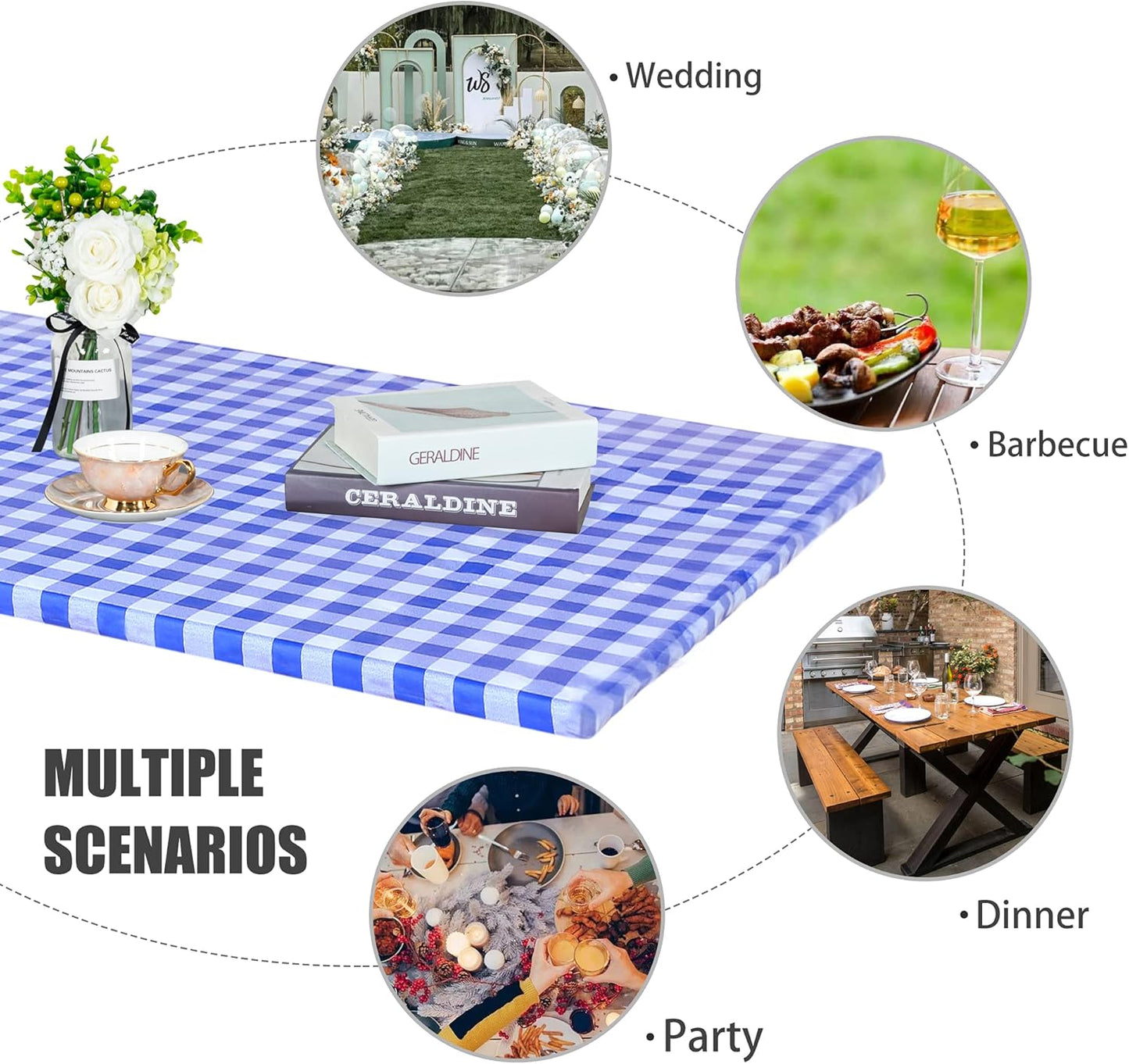 Blue Checkered Waterproof Vinyl Fitted Table Cover with Flannel Backing, 30" x 96", Ideal for Picnics, Travel, Holidays, and Parties