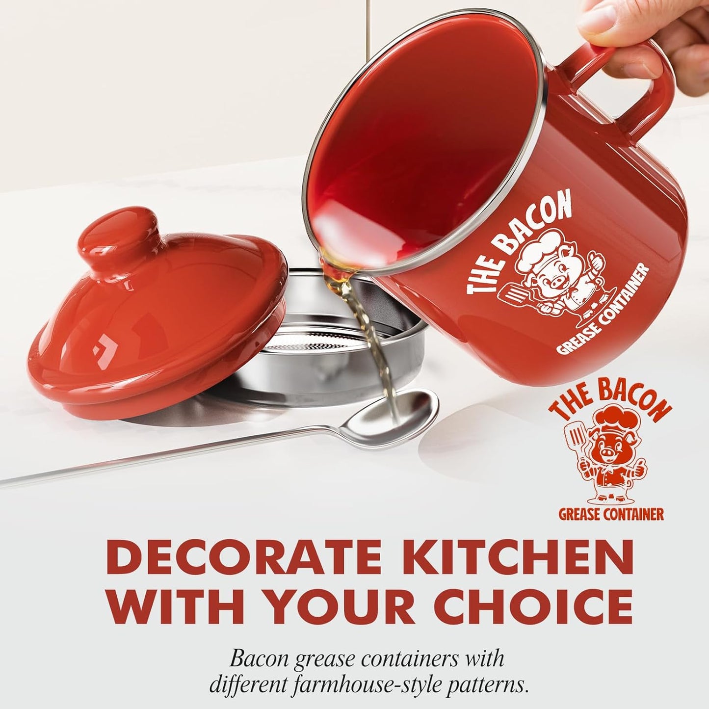 Mini Bacon Grease Saver with Strainer - 15OZ Enamel Grease Container, Farmhouse Bacon Grease Keeper for Kitchen Fat Storage, Dishwasher Safe-Red