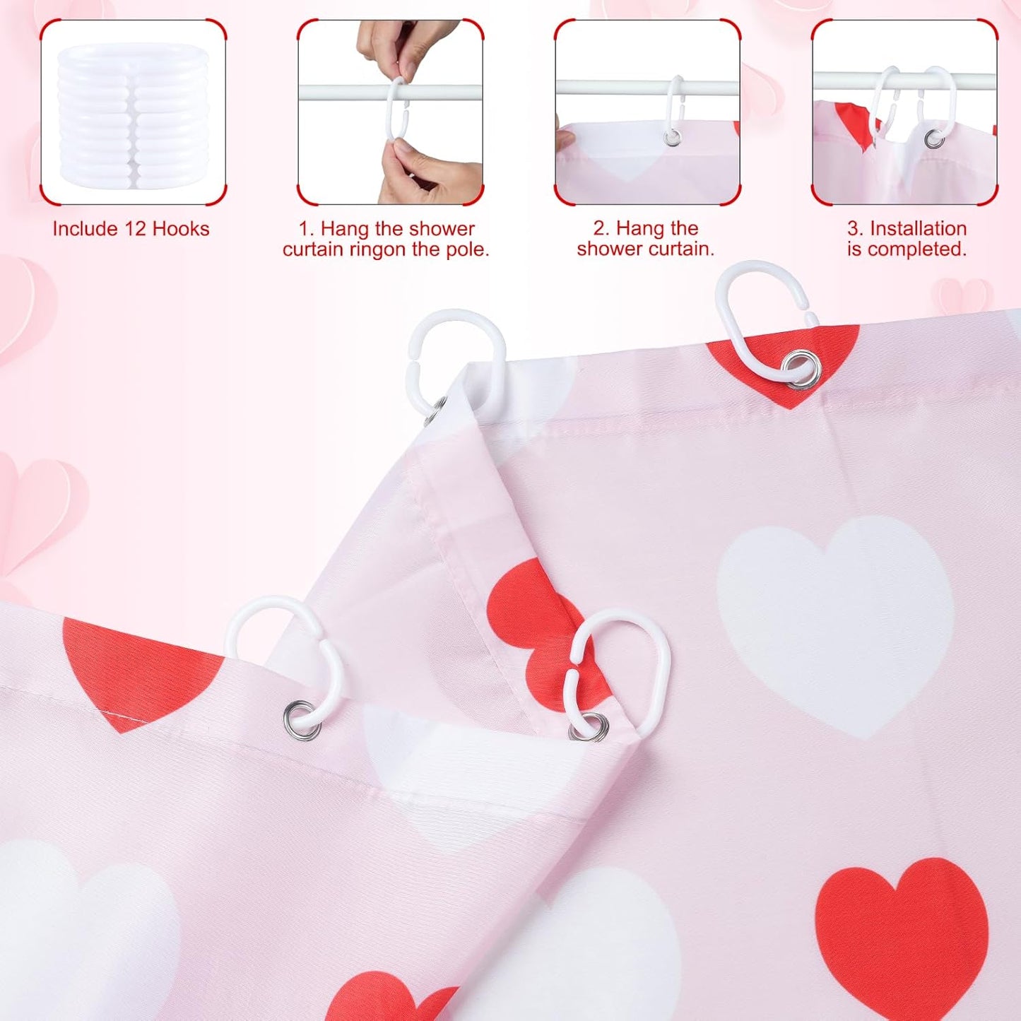 71 X 71 Inches Valentines Shower Curtain Red and White Love Heart Theme Romantic Bathroom Curtain Waterproof Polyester Curtain with Hooks Set for Valentine'S Bathroom Decorations