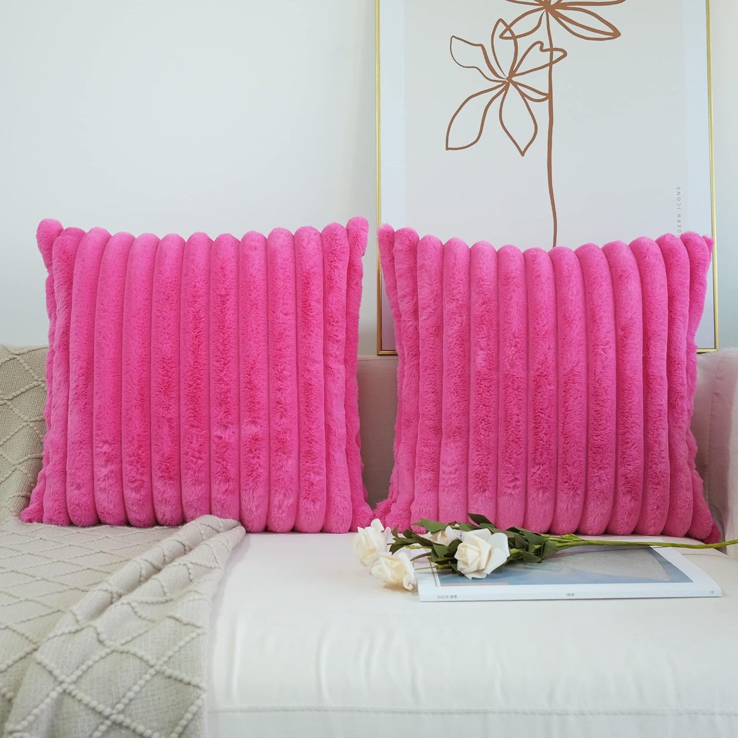 Pack of 2 Faux Fur Plush Decorative Throw Pillow Covers Couch Cushion Case Soft Pillowcases (Hot Pink, 20 X 20-Inch)