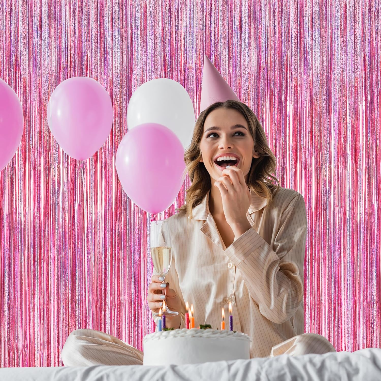 2 Pack Glitter Pink Backdrop, 3.28 FT X 7.05 FT Birthday Party Decorations, Laser Pink Fringe Curtains Foil Streamer Tinsel, Pink Curtains Photo Backdrop Happy Birthday Backdrop