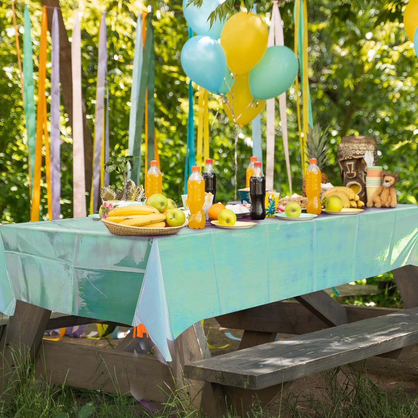 Set of 2 Green Iridescent Disposable Tablecloths - 40 x 108 inches - Shiny Holographic Plastic Covers for Party, Wedding, and Banquet Decor