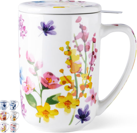 Ceramic Tea Mug with Infuser and Lid, 18 Ounce Capacity, Microwave and Dishwasher Safe, Ideal for Loose Leaf Tea Enthusiasts