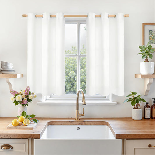 White Linen Curtains 40 Inch Length for Small Window/Kitchen over Sink, Linen Textured Thermal Insulated Curtains Privacy Grommet Drapes for Bedroom/Bathroom, Set of 2 Panels, W42 X L40, White