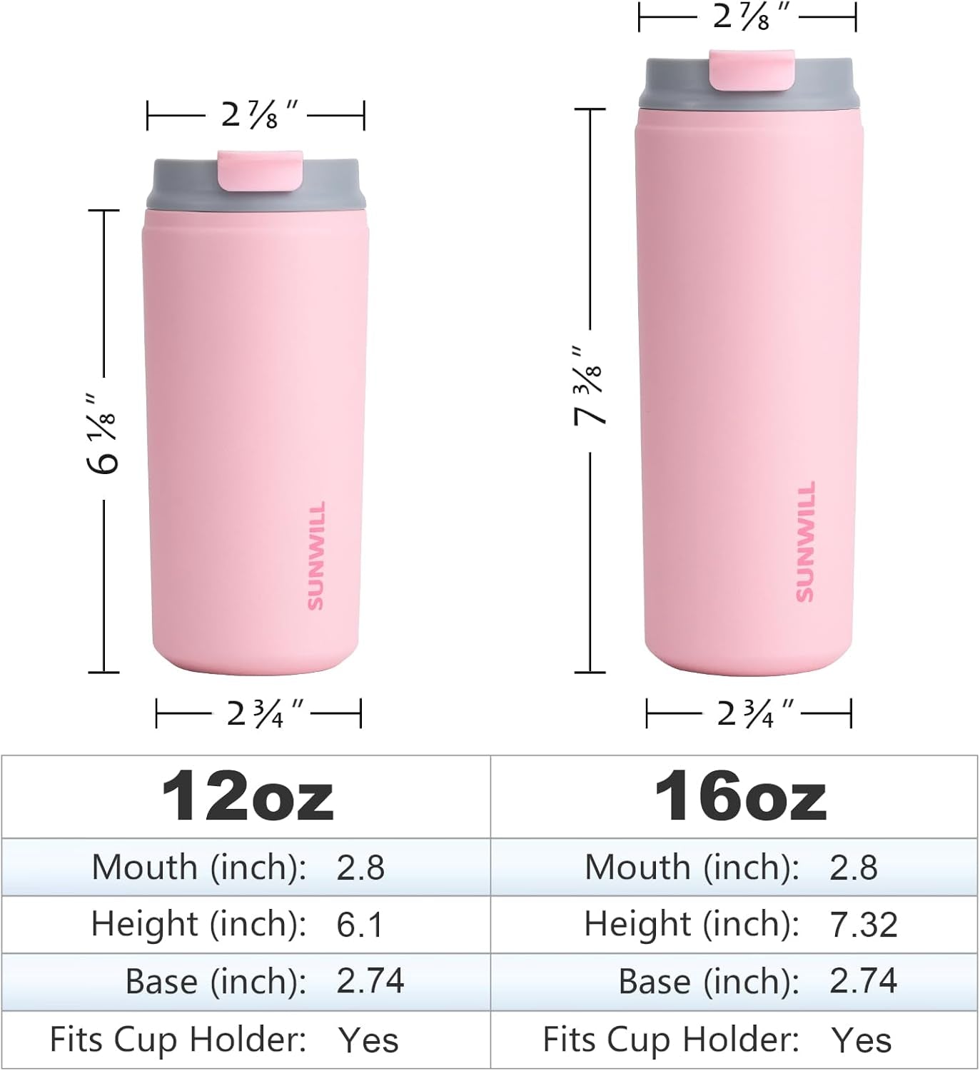 Insulated Coffee Mug with Lid, Leak Proof Tumbler Stainless Steel, 12 Oz Travel Cup for Office, Home, Powder Coated Light Pink