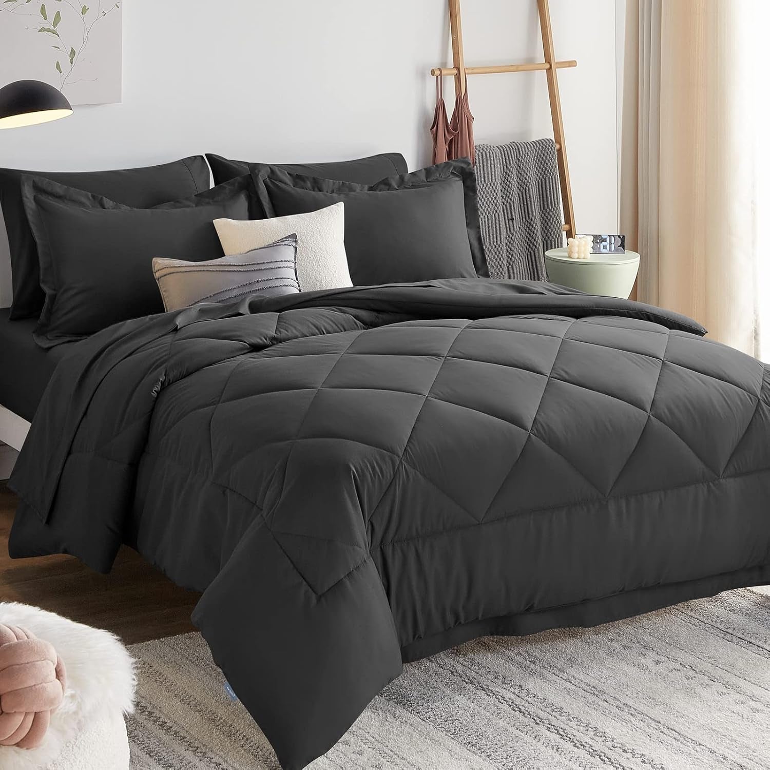 California King Comforter Set with 7 Pieces Bed in a Bag Dark Grey Cal King All Season Bedding with Comforter, Pillow Shams, Flat Sheet, Fitted Sheet and Pillowcases