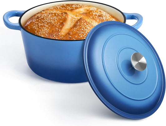 7QT Enameled Dutch Oven, Cast Iron Dutch Oven Pot with Lid for Bread Baking, Enameled Casserole Pot for Roasting Braising Stewing Frying Simmering, Various Stoves & Easy Clean, Blue