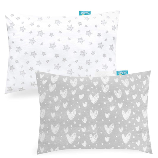 Organic Cotton Toddler Pillowcase for 13 X 18 or 14 X 19 Inches Pillow, (Pillowcase Only) 2 Pack Kids Pillowcase for Sleeping, Envelope Travel Pillow Case for Girl Boy, Gray Heart & White Star