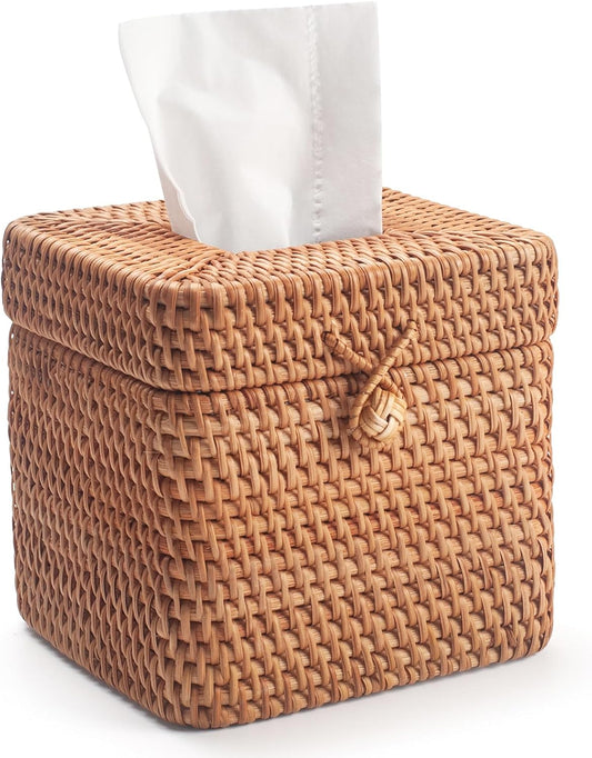 Rattan Tissue Box Cover Natural Woven Facial Napkin Holder Square with Lid 5.7 X 5.7 X 5.5 Inch (Natural)