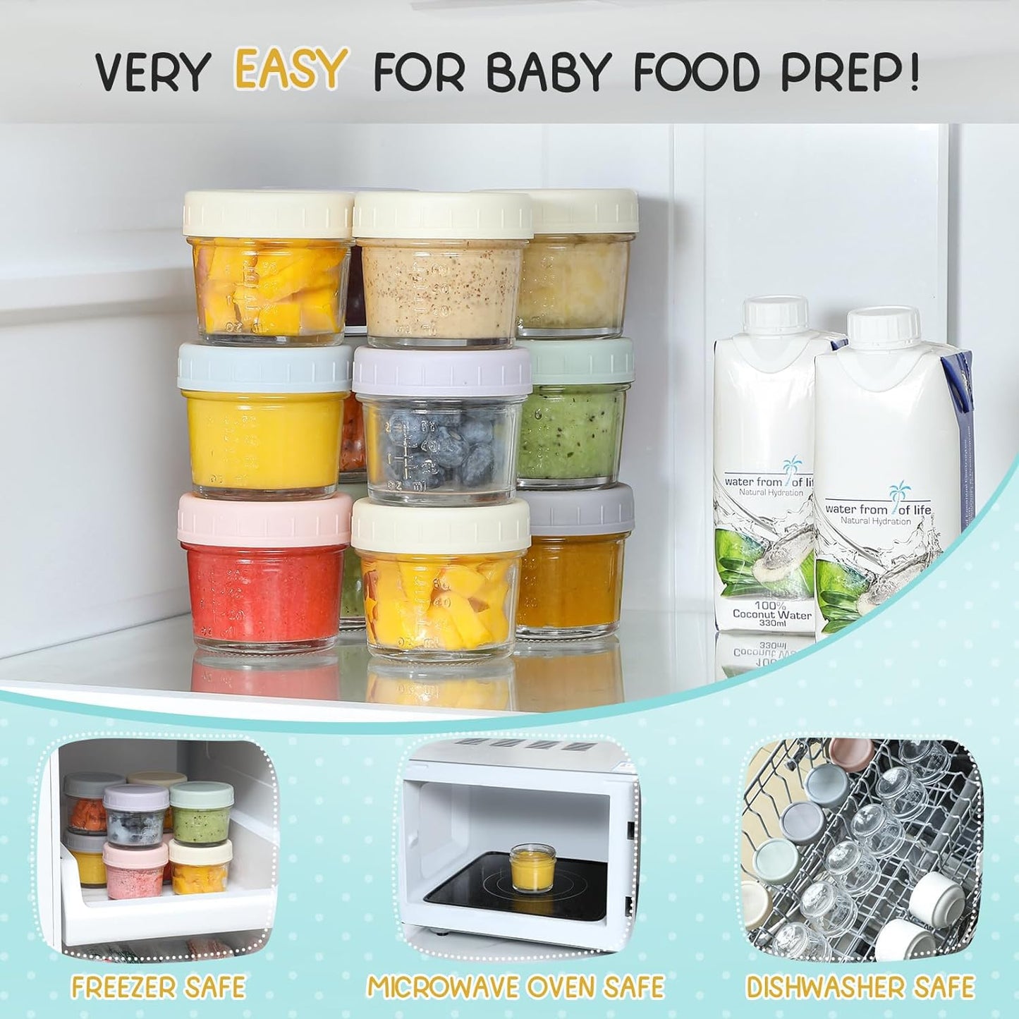 6 Pack Glass Baby Food Storage Containers - 4 Oz Baby Food Storage Jars with Lids, Baby Food Maker, Microwave, Dishwasher & Freezer Safe