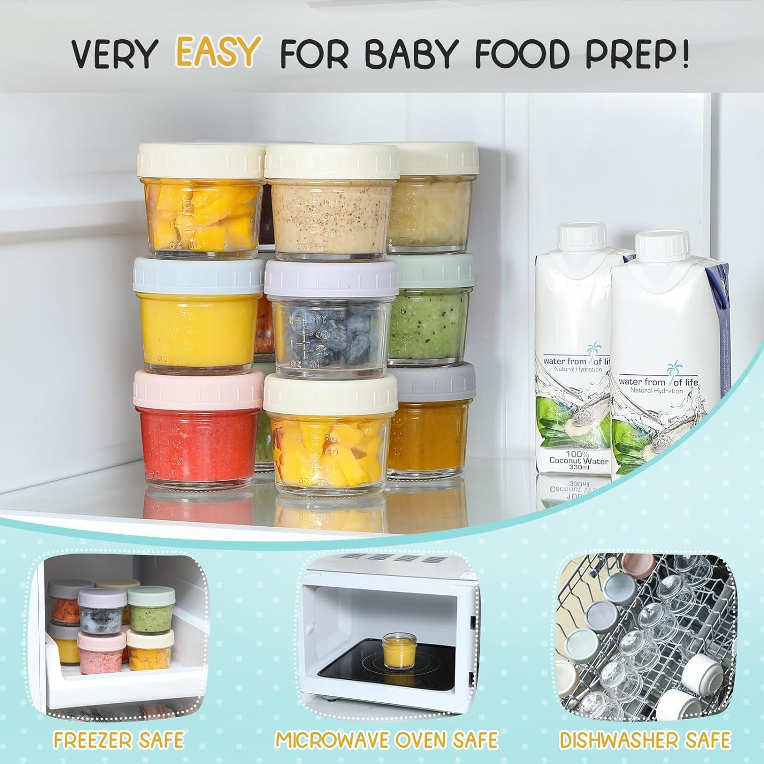 6 Pack Glass Baby Food Storage Containers - 4 Oz Baby Food Storage Jars with Lids, Baby Food Maker, Microwave, Dishwasher & Freezer Safe