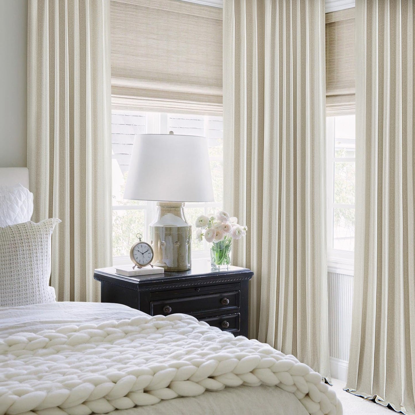 Linen Pinch Pleated 100% Blackout Curtains - 92 Inch Long, Set of 2 Panels, Back Tab Track Cream Darkening Drapes with Hooks for Bedroom and Living Room