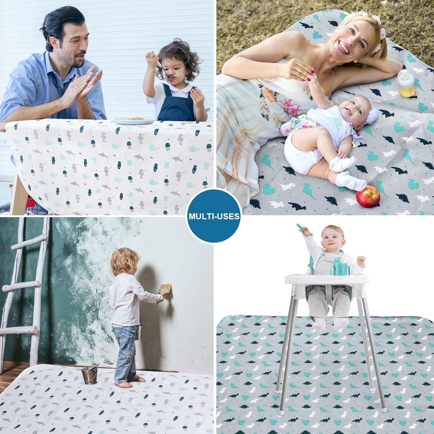 Splat Mat 2 Pack for under High Chair & Arts & Eating Mess, Waterproof Baby Playtime Anti-Slip High Chair Mat for Floor or Table, Reusable & Portable Splash Mat for under High Chair, 46" X 42" Gray