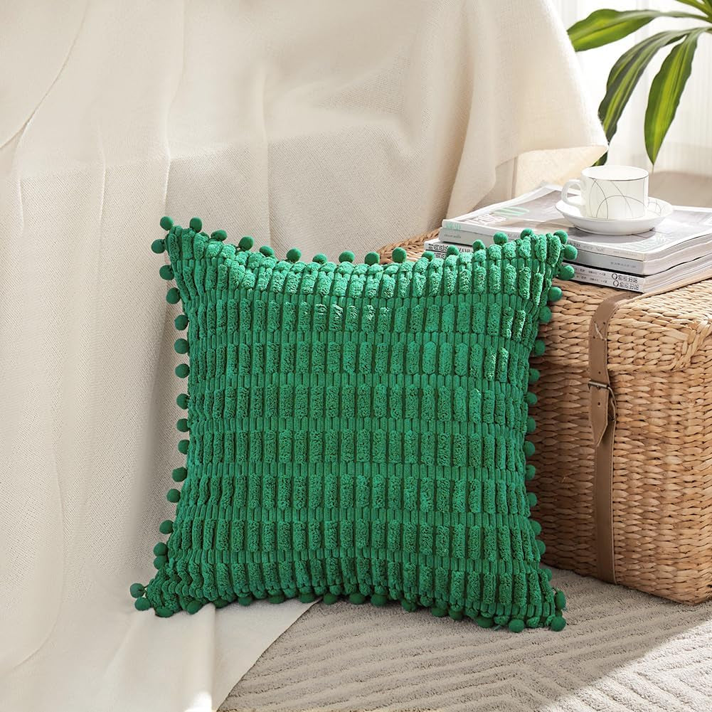 2 Packs Green Euro Decorative Throw Pillow Covers 26X26 Inch with Pom-Poms for Couch Bed Sofa, Boho Home Decor, Soft Striped Corduroy Accent Square Forest Green Cushion Case 66X66 Cm