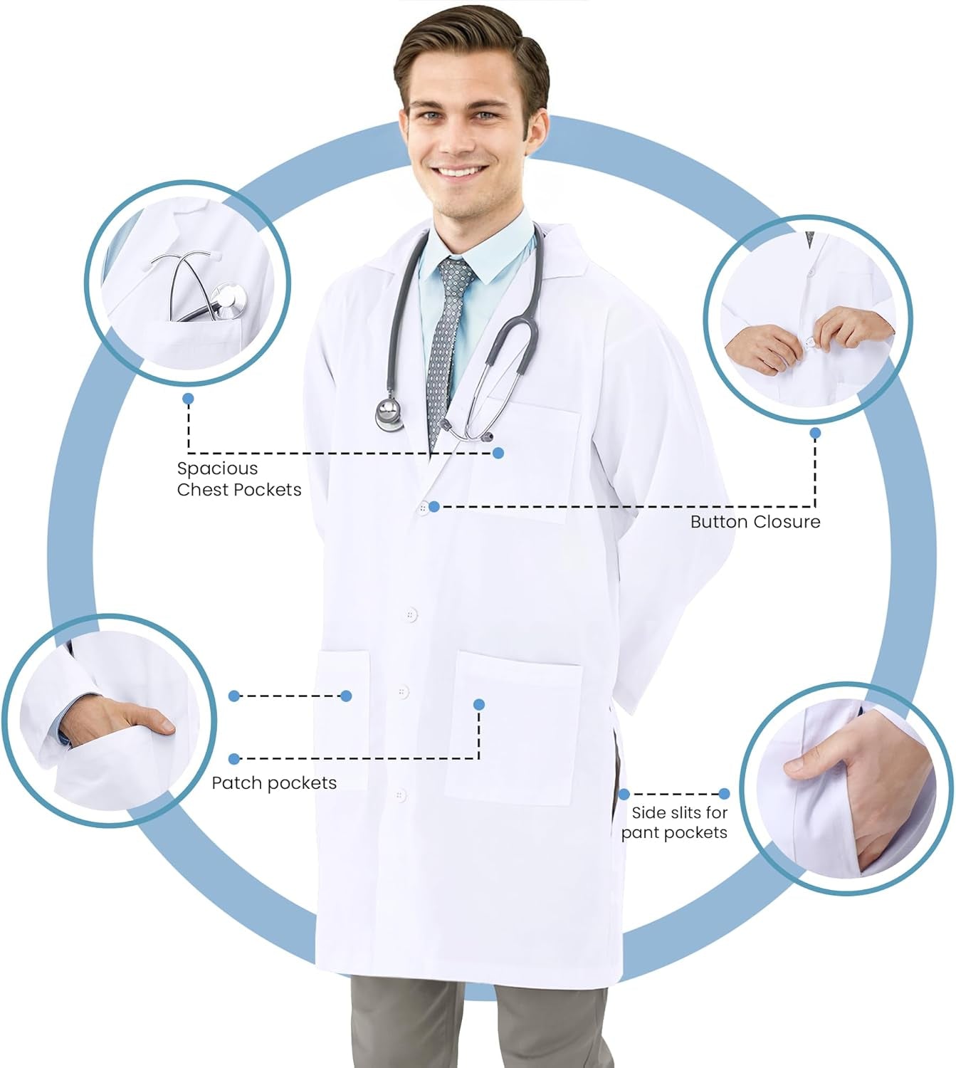 Professional Lab Coat for Men Long Sleeve Medical Coat