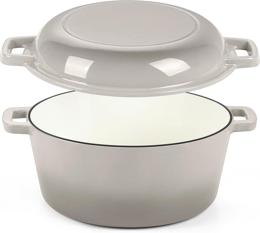 5Qt Dutch Oven Pot for Bread Baking (Khaki), 2 in 1 round Cast Iron Dutch Oven with Lid Set, Skillet & Pot for Roasting Braising Stewing Frying Simmering, Multi Stoves & Oven Safe