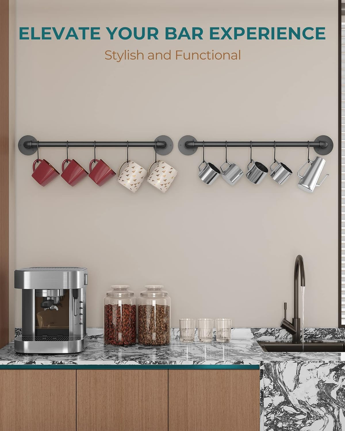 Wall Mounted Pot Pan Rack 21'' Set of 2, Industrial Utensils Wall Hanger Iron Pipe Kitchen Hanging Rail with 10 S Hooks