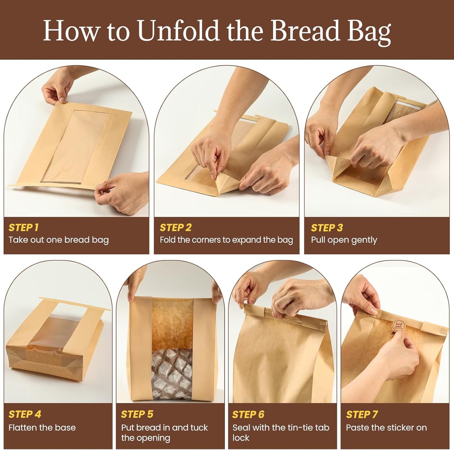 100 Pack Paper Bread Bags with Tin Tie Lock & Clear Window - Large Bakery Bags for Homemade Sourdough Bread, Cookies, Snacks Storage 14"X8.3"X3.5" Includes Seal Stickers