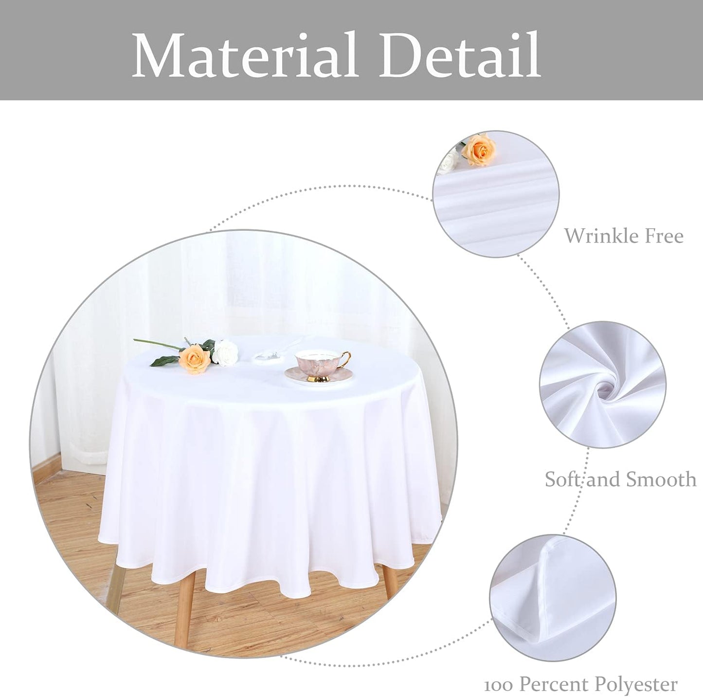 Outdoor and Indoor Table Cover - Washable, Waterproof, Wrinkle-Free Tablecloth with Zipper and Umbrella Hole for Spring/Summer Events, Picnics, BBQs, and Patios - White, 60" Round