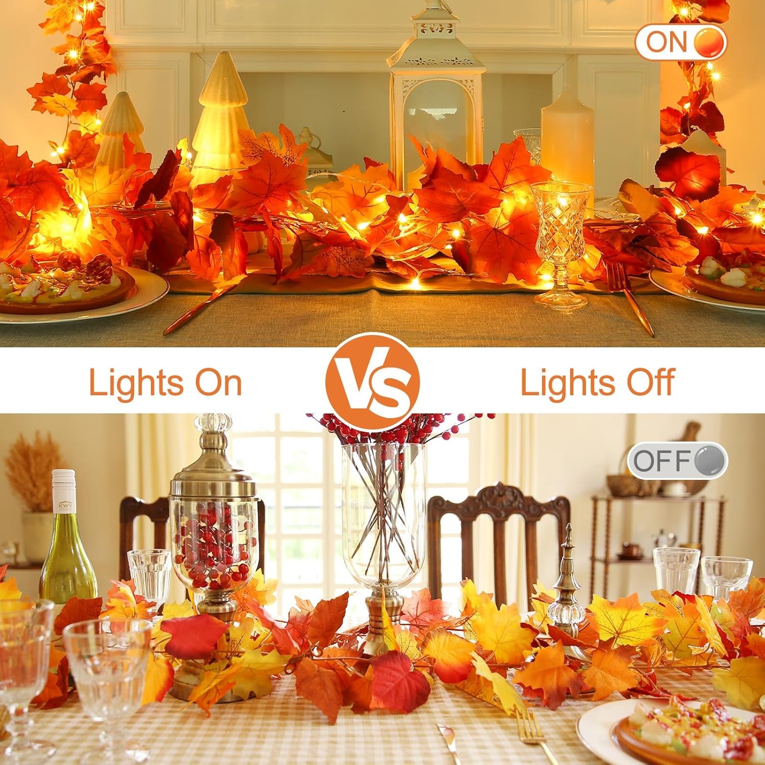 2 Pack Fall Garland with Lights, Fall Leaves for Mantle, Outdoor Lighted up Leaf Garland Autumn Decor with 6.5FT LED String Lights, Hanging Maple Leaves for Door, Thanksgiving Decor