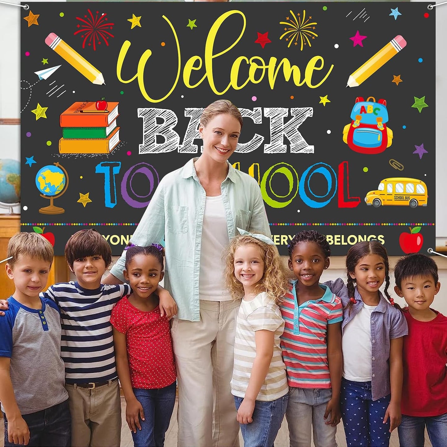 Welcome Back to School Backdrops, Welcome Back Bulletin Board Back to School Banner Sign Hanging Polyester Photography Background for First Day of School Classroom and Office Decorations,73X44 Inch