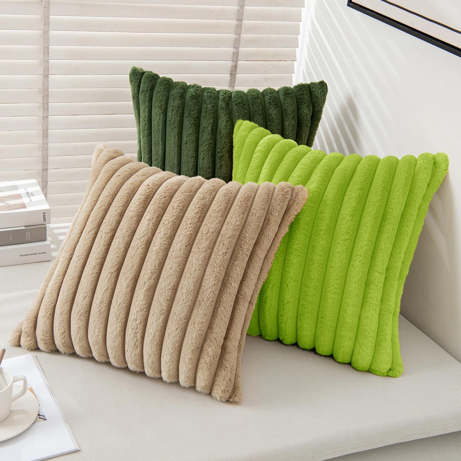 Faux Fur Plush Decorative Throw Pillow Covers Set of 2 Luxury Soft Fluffy Striped Pillowcases Cushion for Sofa Couch Bed Living Room Christmas Green 16X16 Inch