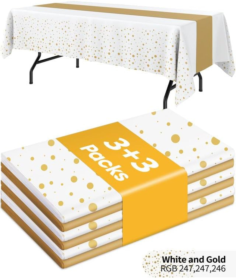 Graduation Decorations Table Cloth for Rectangle Table and Table Runner Set - 3+3 Pack, Plastic Table Cloth Disposable, White and Gold Tablecloth for Birthday, Wedding, Baby Shower, Christmas