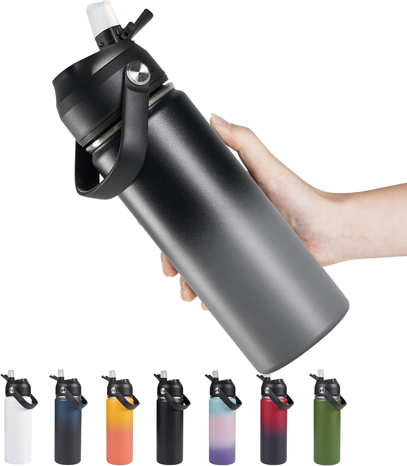 18Oz Insulated Stainless Steel Water Bottle, Wide Mouth Double Wall Vacuum, Silicone Straw, Sweat & Leak Proof, BPA Free Insulated Water Flask for Travel, Keep Cold 24H Hot 12H, Grey