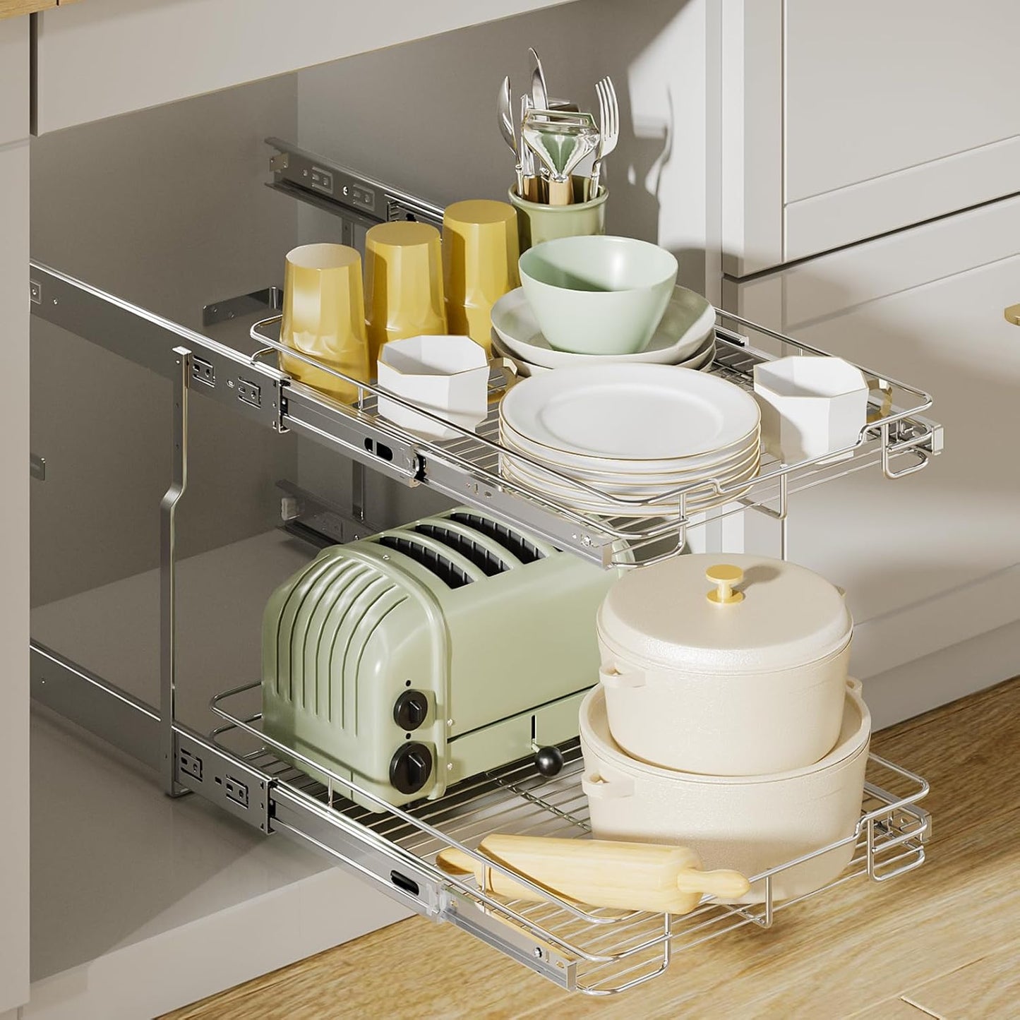 Pull Out Cabinet Organizer, Heavy Duty Cabinet Shelf Organizers, 2 Tier Cabinet Slide Out Shelves for Kitchen, Pantry, Bathroom, 14" W X 21" D