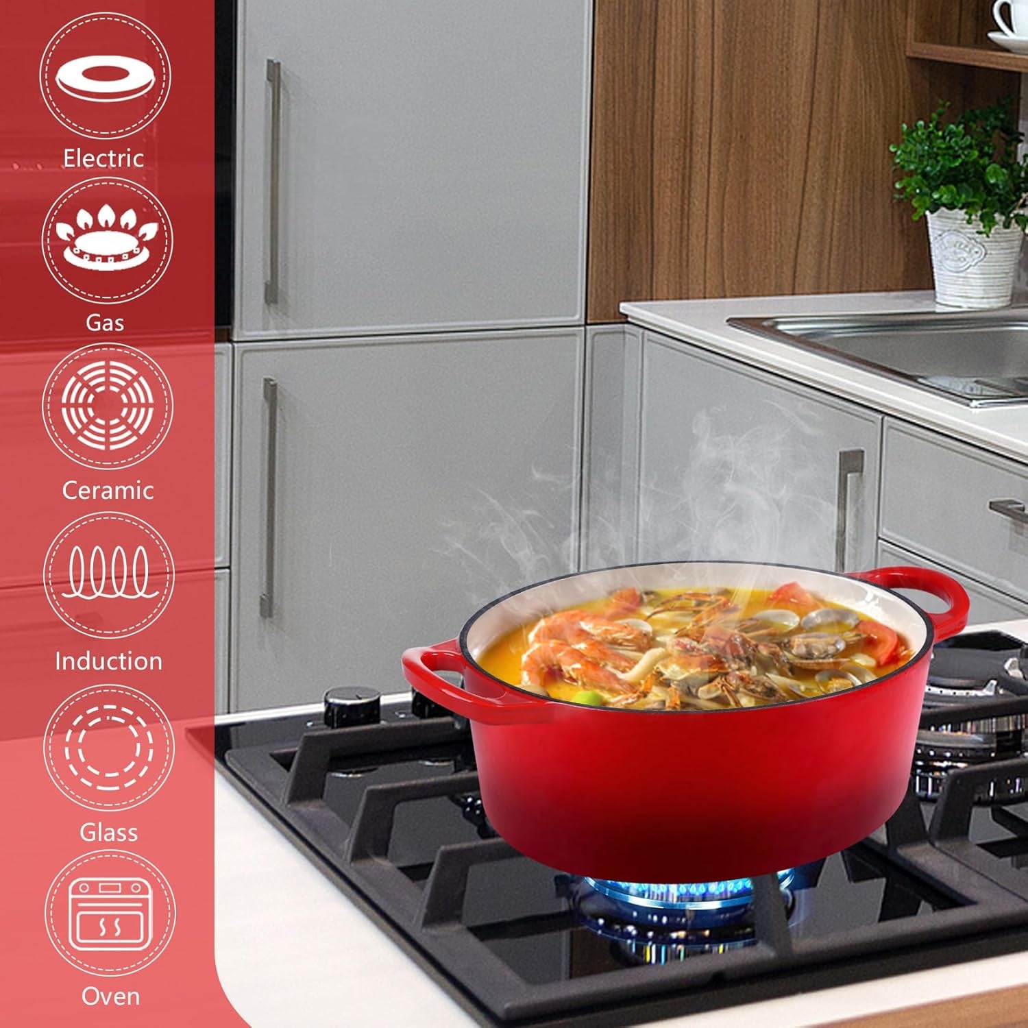 Oval Dutch Oven with Lid, Enameled Cast Dutch Oven Pot for Bread Baking, Braising, Stewing, Roasting, Non-Stick & Oven Safe, Dual Handles & Easy Clean, 5QT & Red