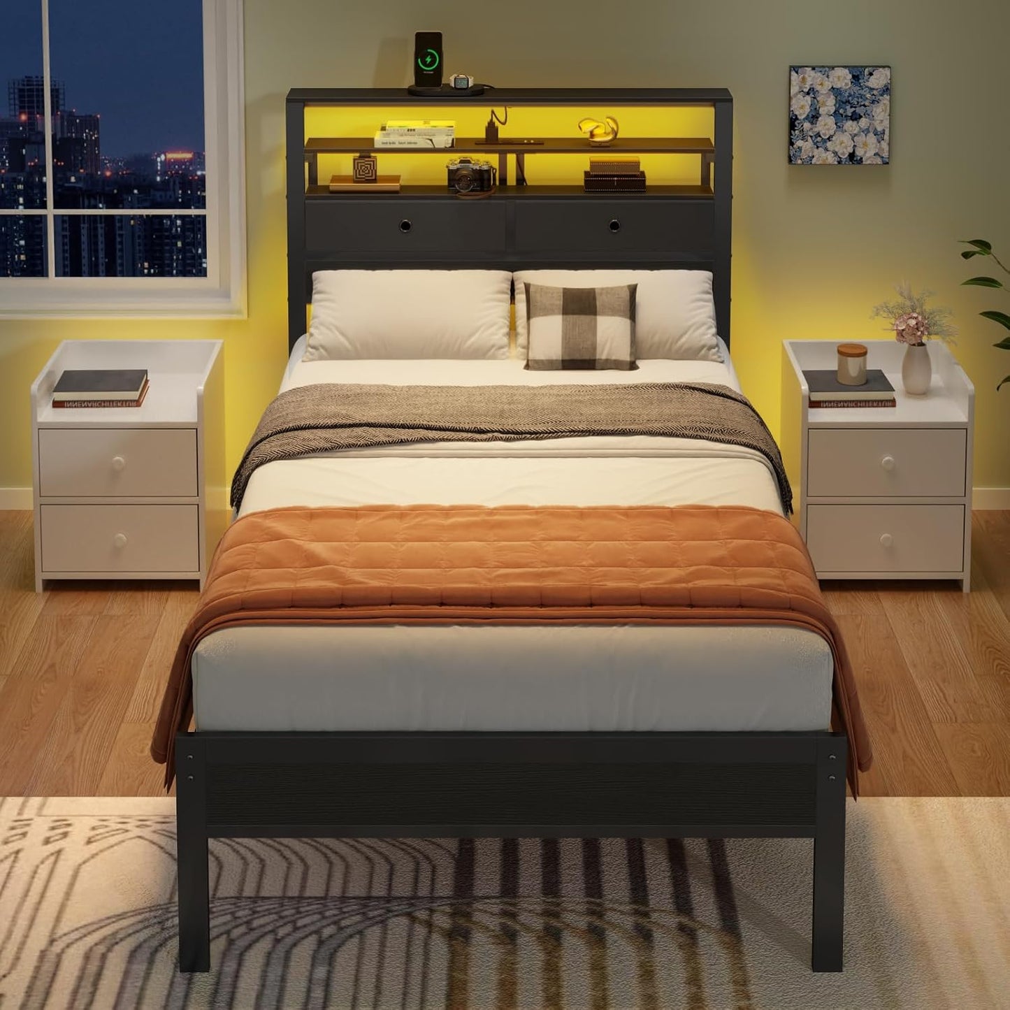 Twin Bed Frame with Integrated Charging Station and LED Lighting, Wooden Headboard Featuring Two Fabric Drawers and Storage Shelves, Twin Size Platform Design with Metal Slats, Box Spring Not Required, Black Oak Finish