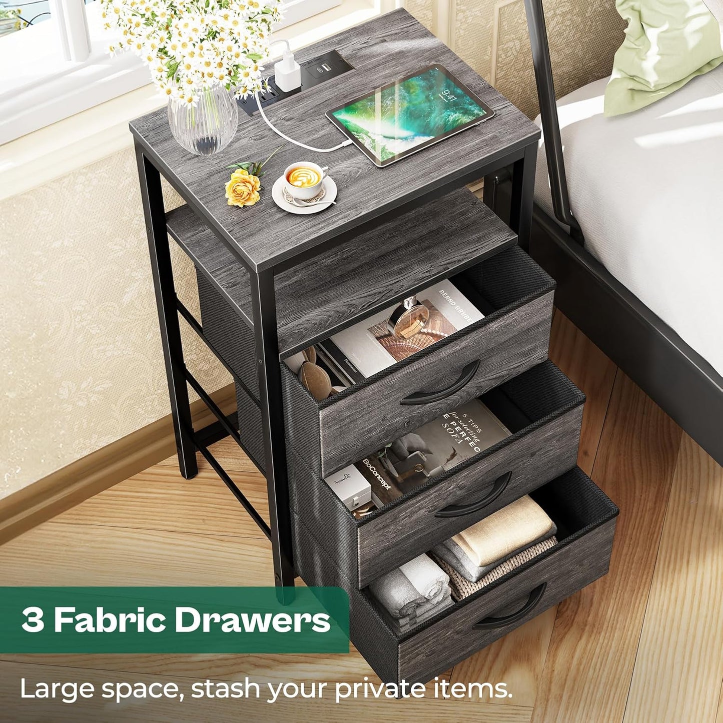 27.6-Inch Nightstand with Integrated Charging Station, End Table with USB Ports and Outlets, Bedroom Night Stand Featuring Fabric Drawers in Grey