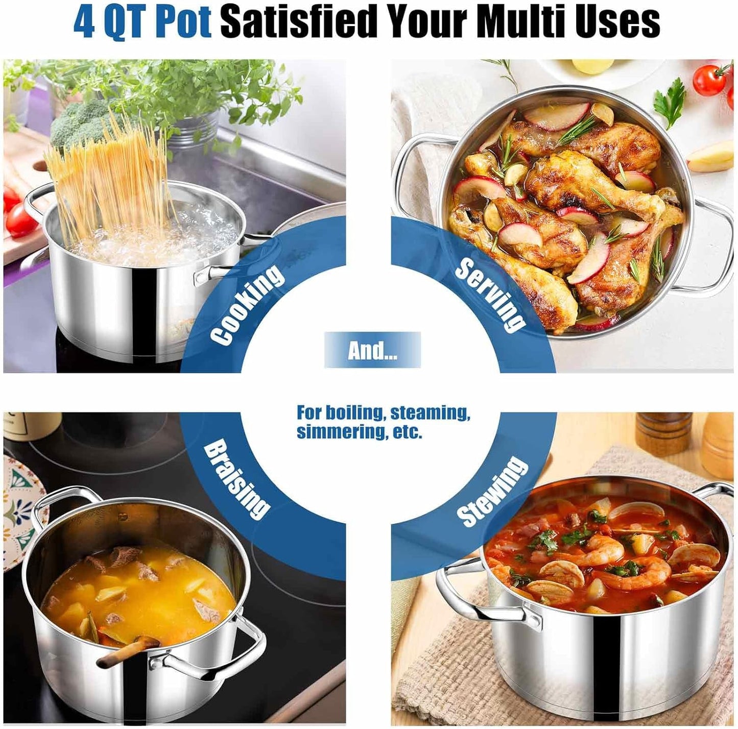 4 Quarts Cooking Stock Pot with Lid, Stainless Steel Stockpot Induction Pot for Soup, Tri-Ply Bottom & Clear Glass Lid & Double Handle, Dishwasher Safe