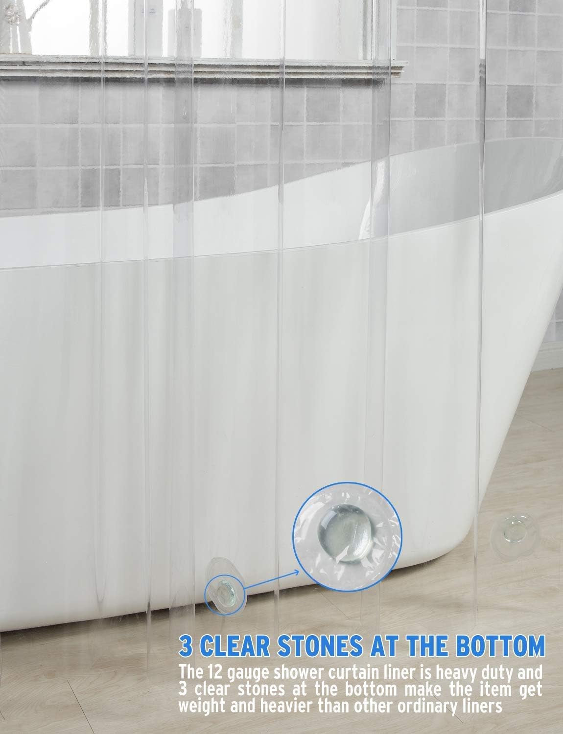 12 Gauge Heavy Duty Crystal Clear Thick Shower Curtain Liner and 72X72 Inches PEVA 3G Shower Curtain Liner
