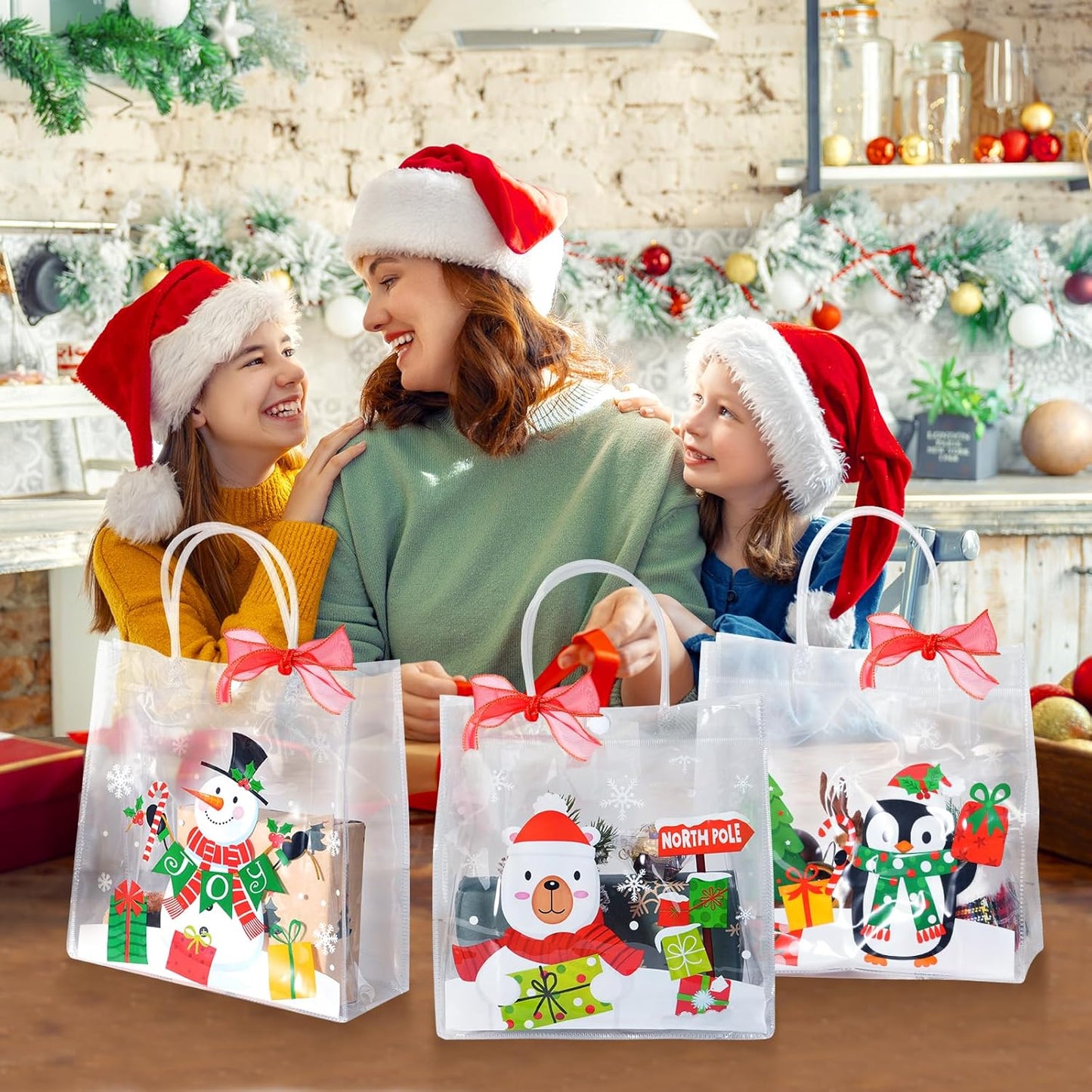 24Pcs Christmas Clear Gift Bags Plastic Totes Bags with Handles Bow Ribbon for Candy Treat Goodie and Party Favors Elk Snowman Santa Gift Bags for Christmas Decorations, 7.8 * 7.8 * 3.15 Inch