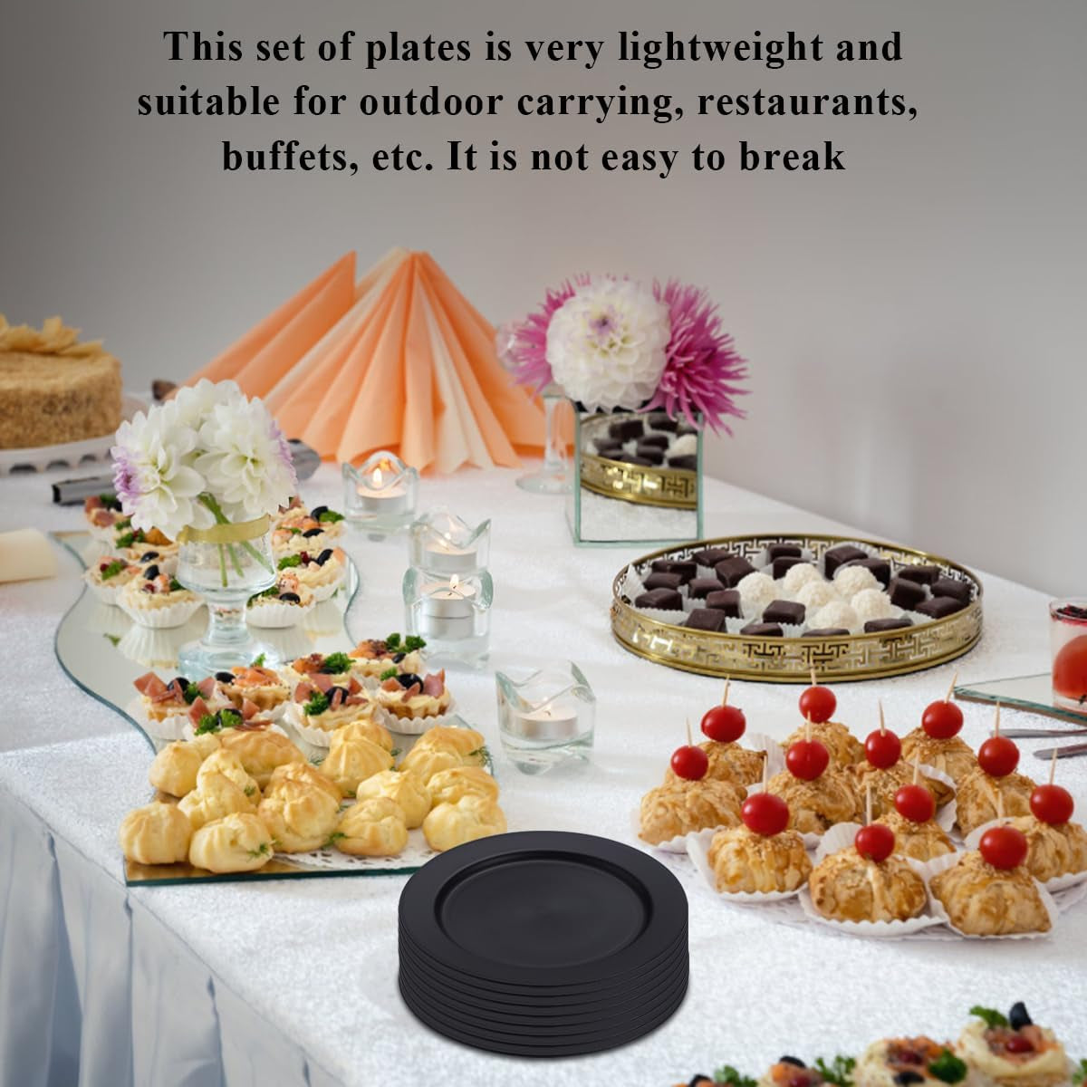 Set of 8 Reusable 10-Inch Black Plastic Plates - Versatile Dinner, Salad, and Pasta Dishes for Home, Garden, Picnic, Camping, and Outdoor Use
