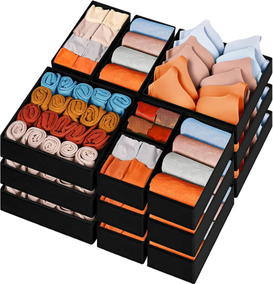 Closet Drawer Organizer Clothes, 15 Pack Dresser Organizer for Baby Clothes, Fabric Drawer Dividers for Nursery Bedroom (Black)