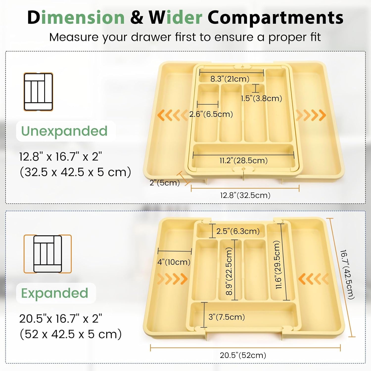 Expandable Large Silverware Organizer for Kitchen Drawers - BPA-Free Thick Plastic with Wider Compartments and Non-Skid Feet (Desert Sand)