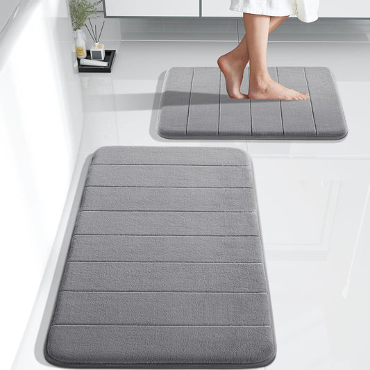 Memory Foam Bathroom Rugs Sets 2 Piece - Super Soft Absorbent Quick Dry Bath Mat Set, Machine Washable Non Slip Floor Carpet for Tub Shower & Single Sink (17X24 & 31.5X20 Inch, Gray)