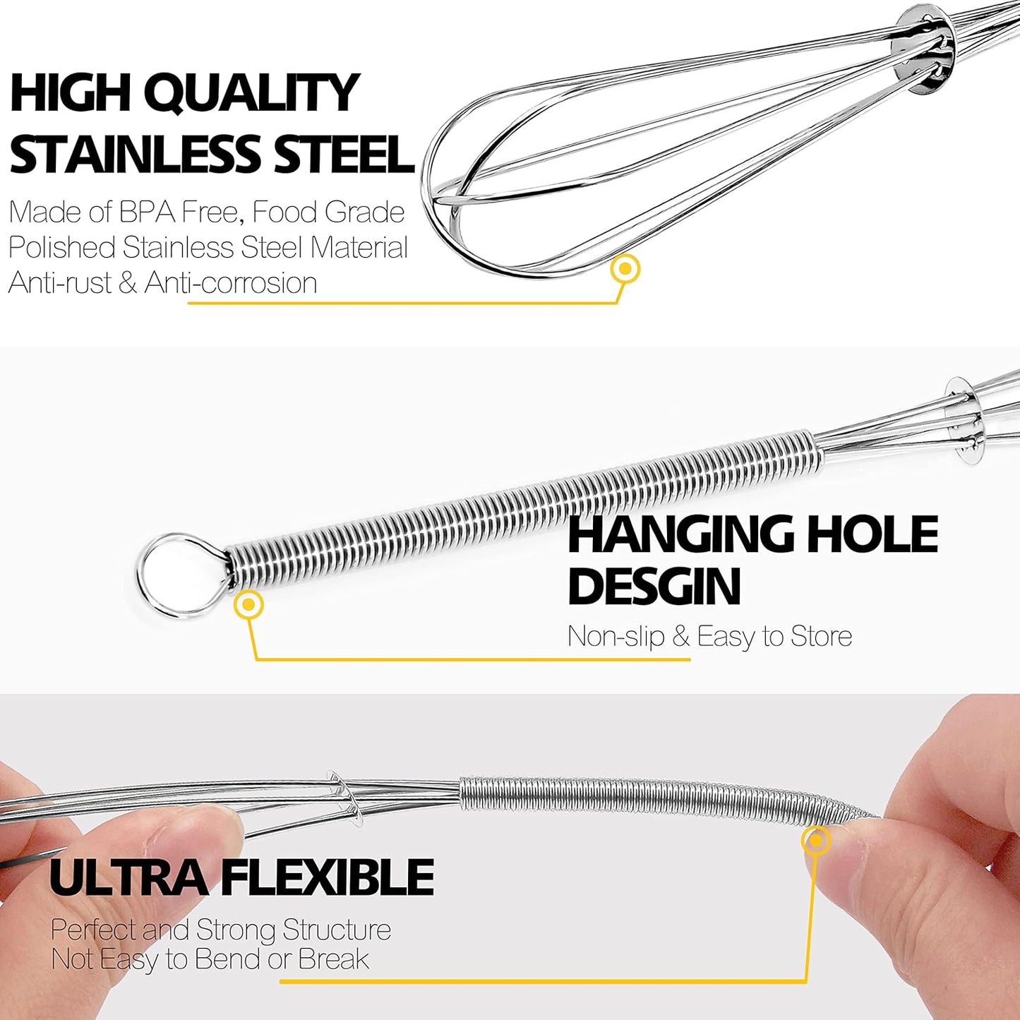 Small Wire Whisk Set of 2, Portable Stainless Steel Kitchen Tiny Whisk & Egg Beater with Thick Wire - Sturdy Mini Mixing Balloon for Cooking, Blending, Whiping, Beating and Stirring (6" + 8")