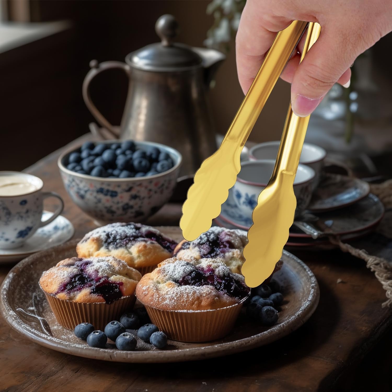 Gold Buffet Tongs - 4 Pack, 9 Inch, Stainless Steel Gold Plated Serving Tongs