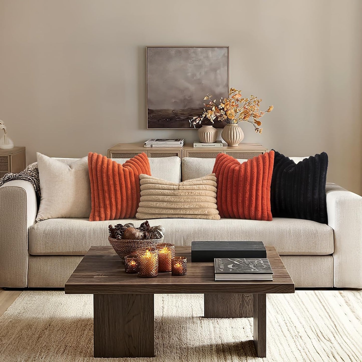 Faux Fur Decorative Throw Pillow Covers 18X18 Inch Set of 2, French Modern Art Home Decor Soft Plush Couch Pillows Cozy Fluffy Cushion Covers for Sofa Bed Black