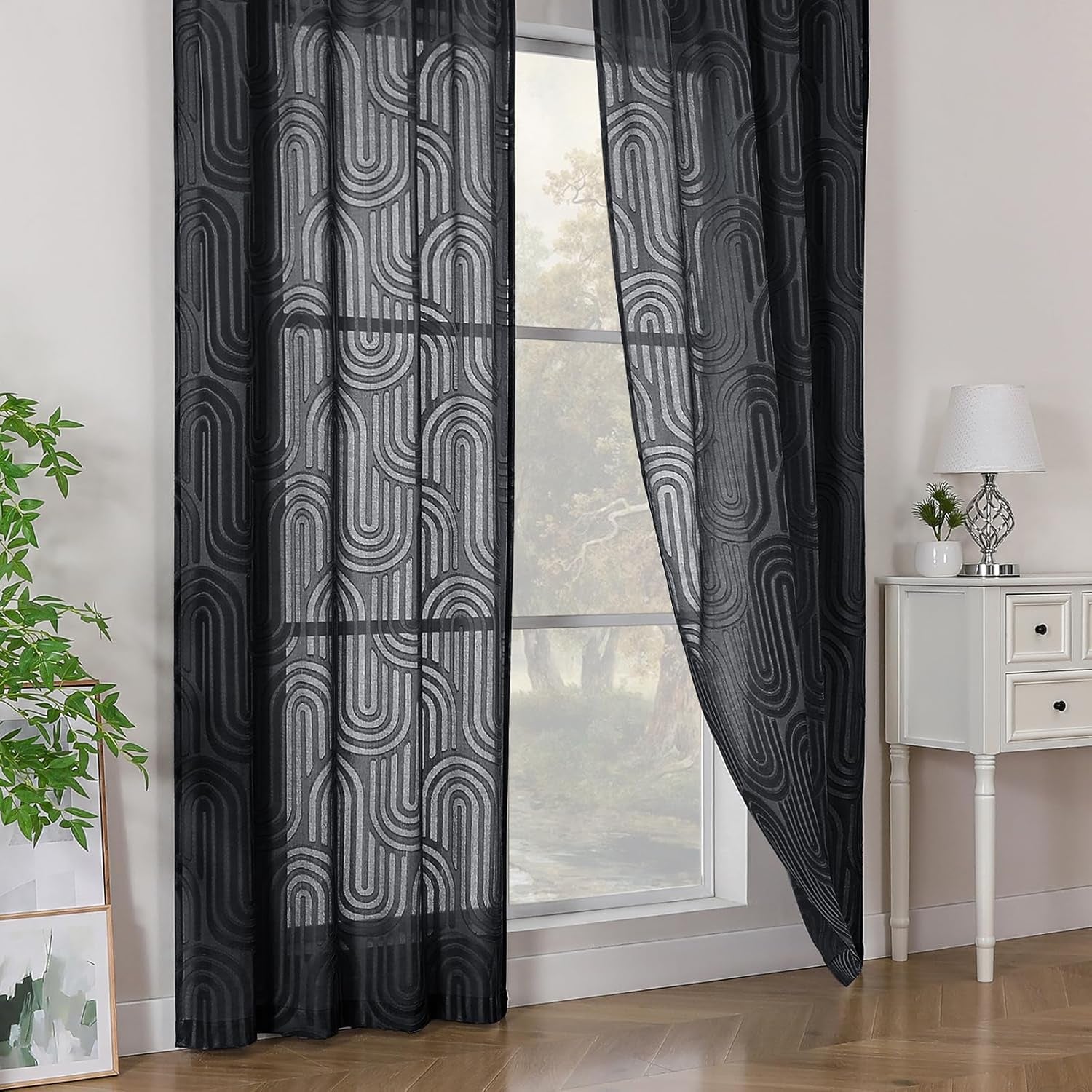 Sheer Black Curtains Kitchen 36 Inch Length 2 Panels Set for Window, Soft Airy Geometric Jacquard Semi Sheer Curtains for Bathroom, Modern Rod Pocket Window Curtains, 42Wx36L Inches