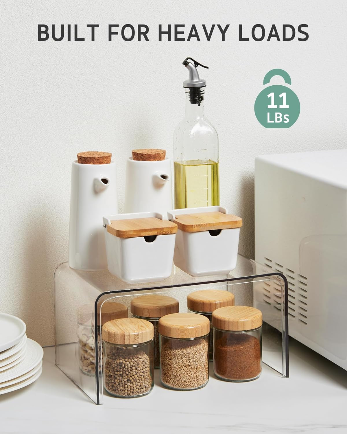 Cabinet Shelf Organizer, 4 Pack Spice Organization for Cabinet, Seasoning, Plate Organizer Shelf Riser, Clear