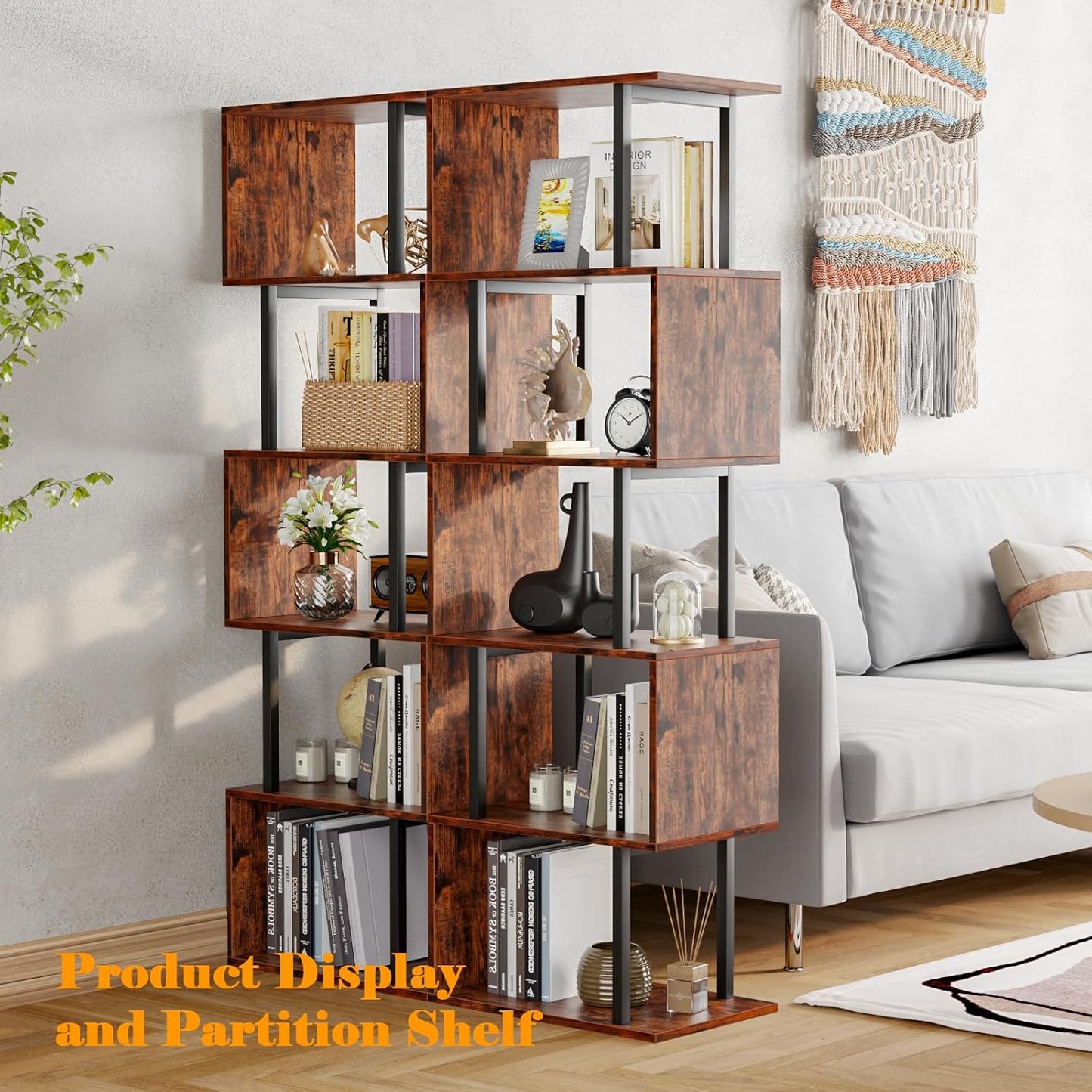 6 Tier Bookshelf, Tall S Shaped Geometric Bookcase, Modern Display Book Shelf Standing Unit, Wood Metal Decorative Room Divider Shelf for Living Room Bedroom Office, Rustic Brown