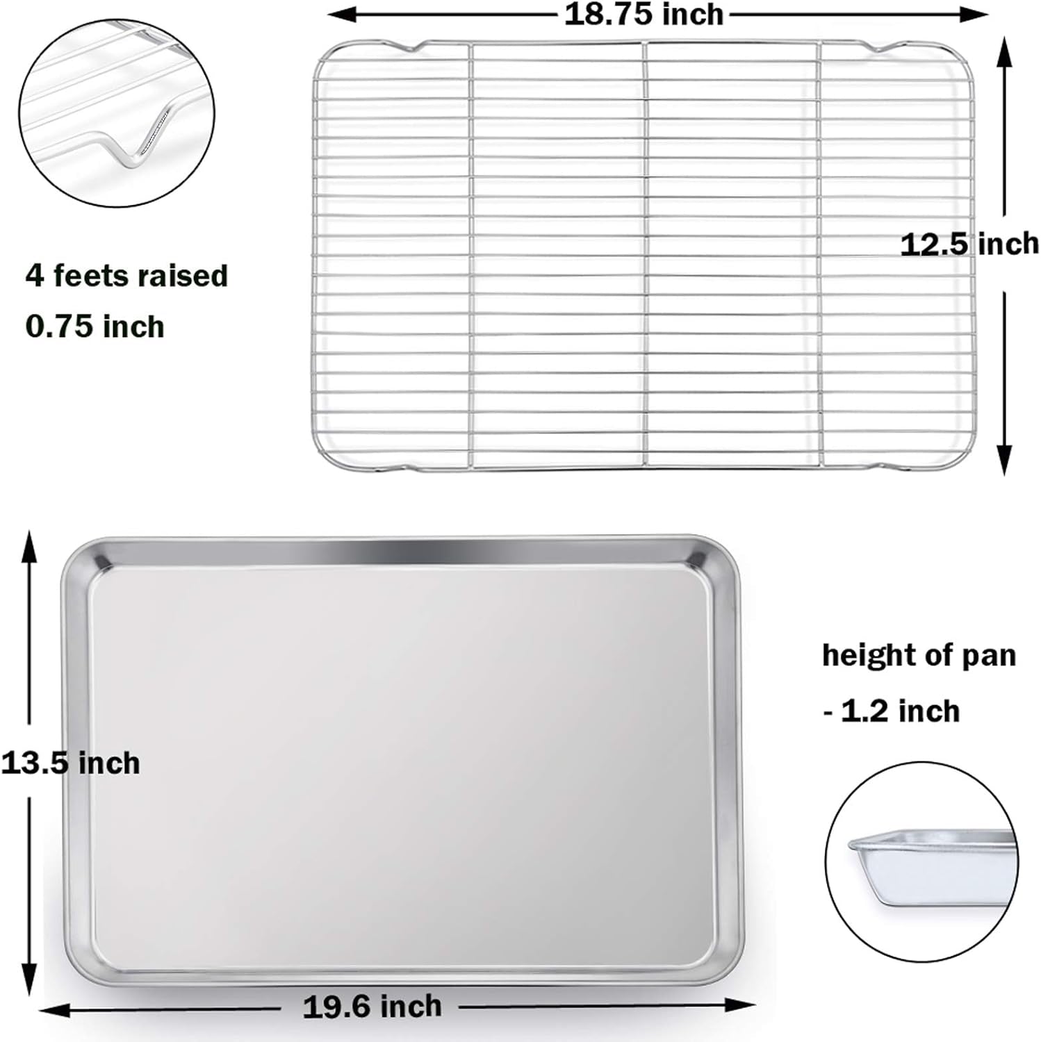 19.6 Inch Stainless Steel Baking Sheet with Rack Set (2 Pans+ 2 Racks), Cookie Sheets Baking Trays and Cooling Wire Racks, Oven & Dishwasher Safe, Pans with Flat Racks